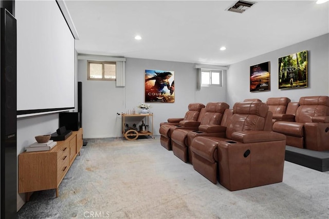 cinema room with light carpet, recessed lighting, and visible vents