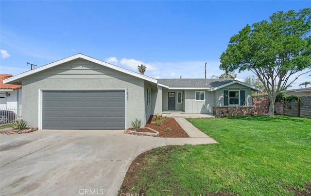 single story home with driveway, an attached garage, fence, a front yard, and stucco siding