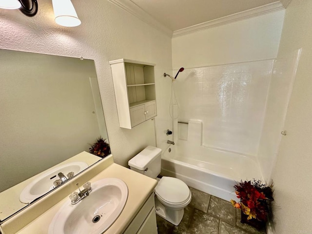 4741 Sequoia Pl, Oceanside, CA 92057 - full bathroom with ornamental molding, toilet, shower / washtub combination, vanity, and stone finish flooring