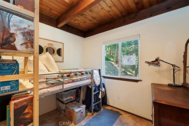 bedroom featuring wooden ceiling and beamed ceiling