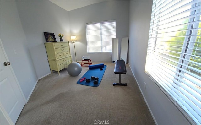 workout area with baseboards and carpet flooring