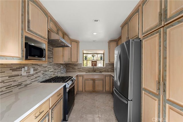 kitchen featuring light tile patterned floors, stainless steel appliances, decorative backsplash, a sink, and under cabinet range hood