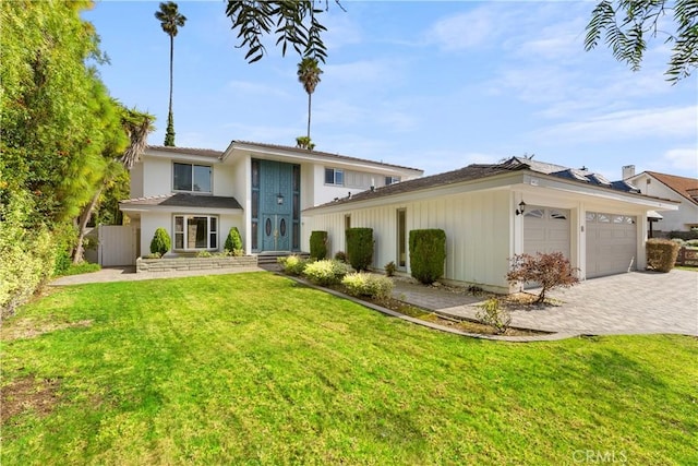 view of front of property featuring a garage, decorative driveway, fence, and a front lawn