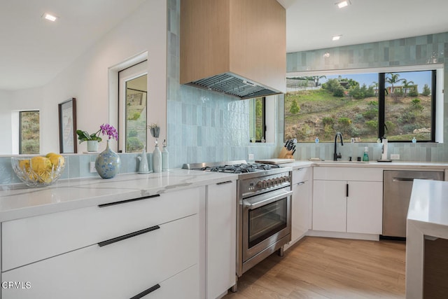 kitchen with light wood finished floors, tasteful backsplash, custom exhaust hood, stainless steel appliances, and a sink