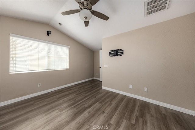 1442 Starry Skies Rd, Beaumont, CA 92223 - empty room with wood finished floors, a ceiling fan, baseboards, and vaulted ceiling