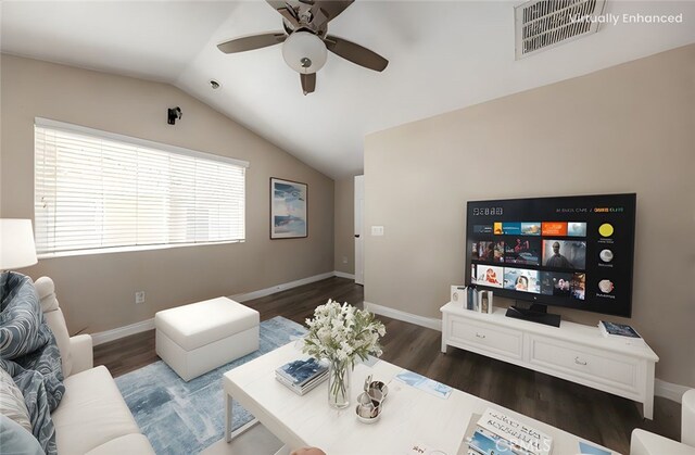 1442 Starry Skies Rd, Beaumont, CA 92223 - living room featuring a ceiling fan, wood finished floors, baseboards, and lofted ceiling