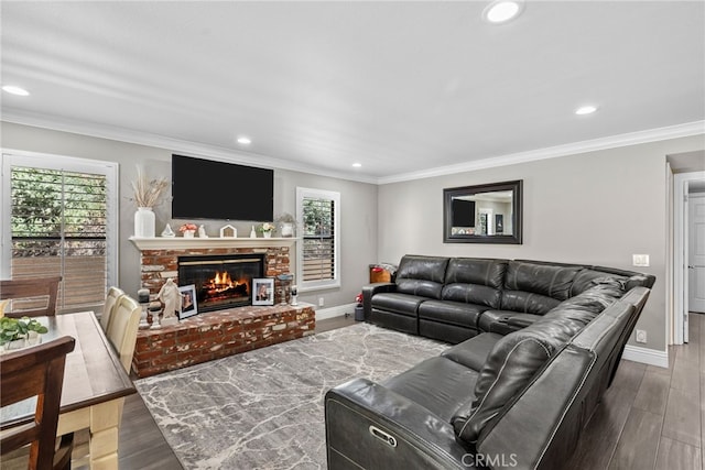 living area featuring dark wood-style flooring, a fireplace, crown molding, and baseboards