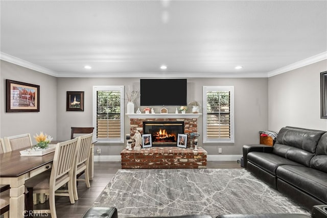 living room featuring crown molding, a fireplace, baseboards, and wood finished floors