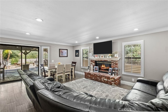 living area featuring baseboards, a fireplace, wood finished floors, and crown molding