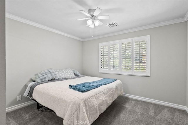 carpeted bedroom with visible vents, crown molding, baseboards, and ceiling fan