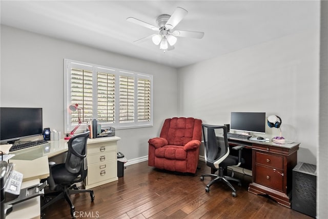 office area featuring wood-type flooring, ceiling fan, and baseboards