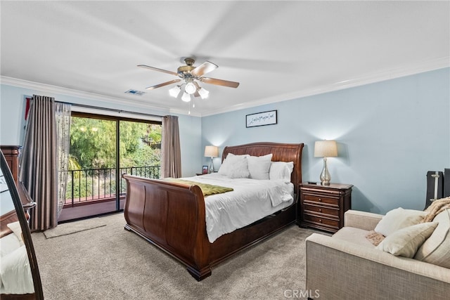 carpeted bedroom with a ceiling fan, access to outside, visible vents, and crown molding