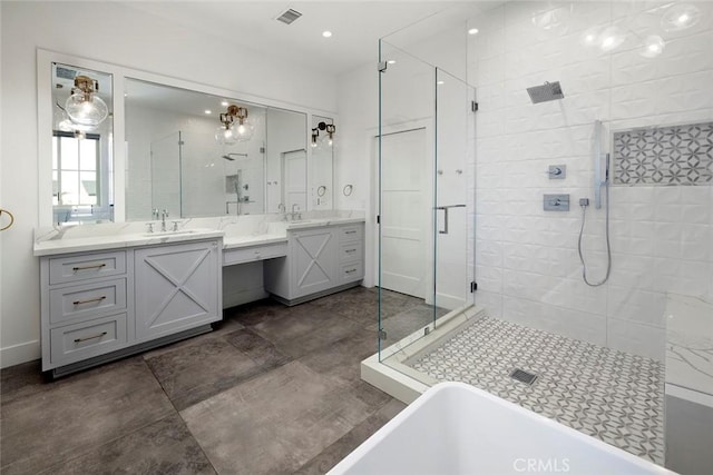 bathroom with recessed lighting, a soaking tub, visible vents, a shower stall, and vanity