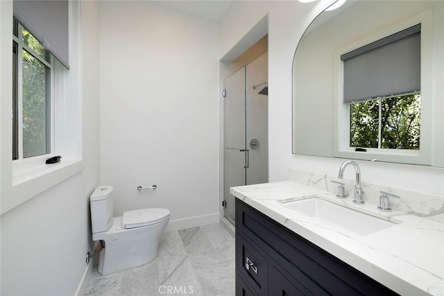 bathroom with baseboards, toilet, marble finish floor, vanity, and a shower stall