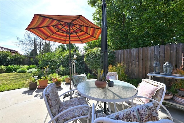 view of patio with a fenced backyard and outdoor dining space