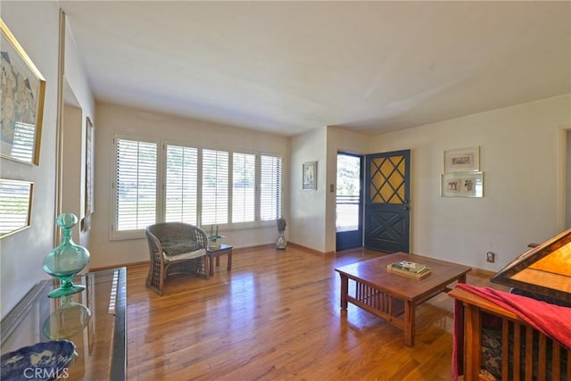 living room with baseboards and wood finished floors