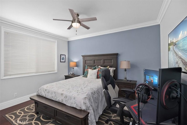 bedroom featuring ornamental molding, wood finished floors, a ceiling fan, and baseboards