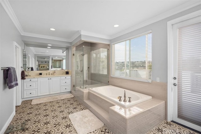 bathroom with crown molding, a stall shower, vanity, tile patterned flooring, and a bath