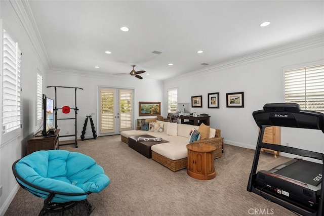 carpeted living room featuring ornamental molding, recessed lighting, and baseboards