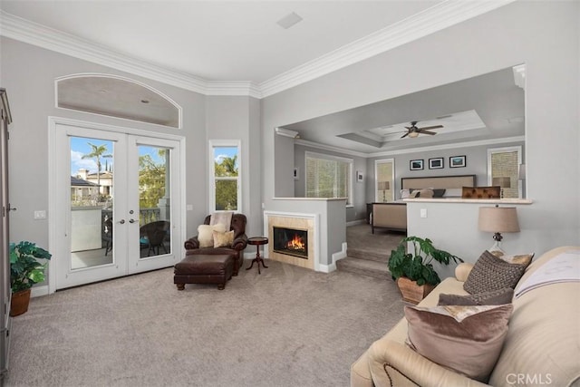 carpeted living area with a tray ceiling, french doors, ornamental molding, a warm lit fireplace, and baseboards