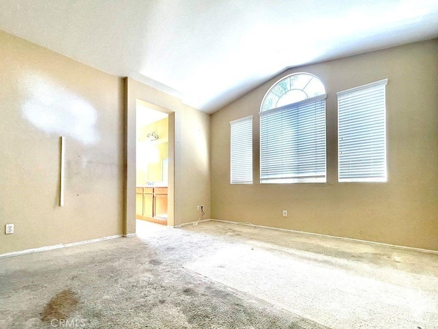 spare room featuring vaulted ceiling and carpet flooring