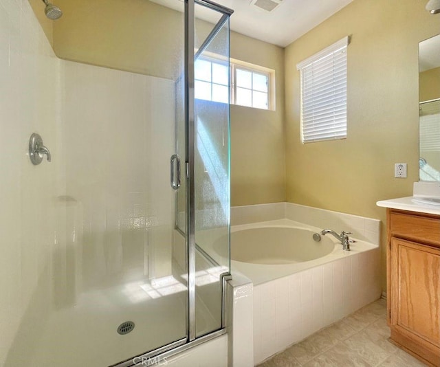 full bath with a bath, visible vents, a stall shower, and vanity