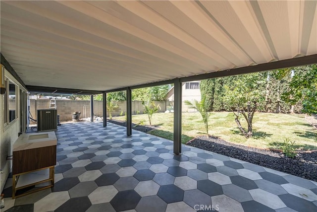 view of patio / terrace with a fenced backyard and central air condition unit