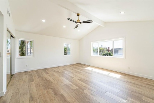 unfurnished room with vaulted ceiling with beams, recessed lighting, baseboards, and light wood-style floors