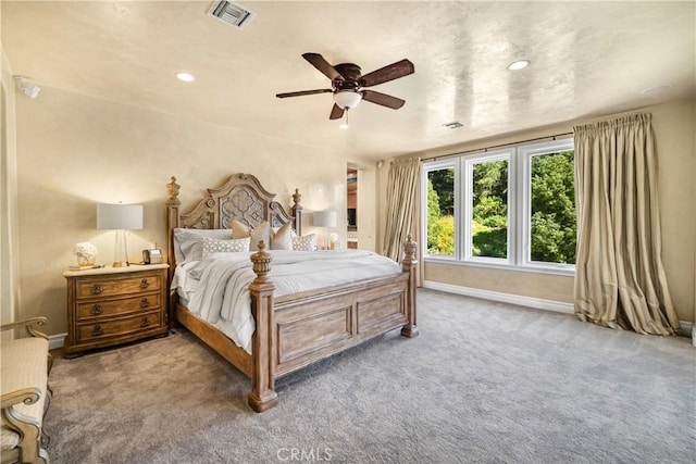 bedroom featuring visible vents, baseboards, a ceiling fan, carpet, and recessed lighting