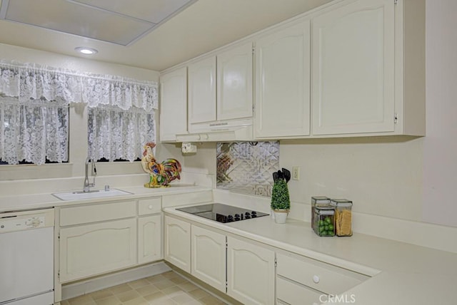 kitchen featuring black electric stovetop, a sink, white cabinets, light countertops, and dishwasher