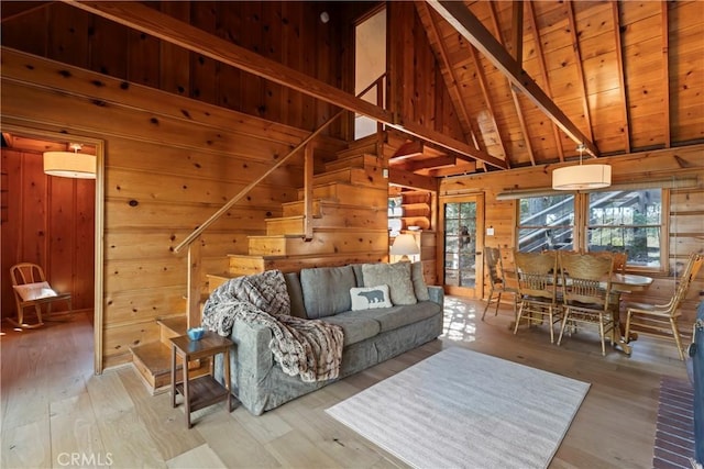 612 Rose Ln, Twin Peaks, CA 92391 - living area with wooden walls, wood-type flooring, wood ceiling, and stairway