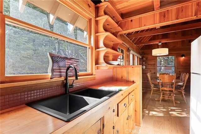 612 Rose Ln, Twin Peaks, CA 92391 - kitchen with wood finished floors, wooden walls, a sink, and wooden ceiling