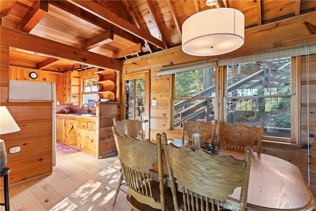 612 Rose Ln, Twin Peaks, CA 92391 - dining room featuring wood walls, light wood-style flooring, wooden ceiling, and beam ceiling