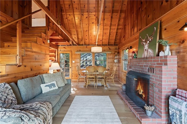 612 Rose Ln, Twin Peaks, CA 92391 - living room featuring wooden walls, wood ceiling, wood finished floors, a brick fireplace, and high vaulted ceiling