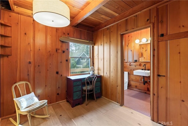 612 Rose Ln, Twin Peaks, CA 92391 - office area with wood ceiling, wood walls, a sink, light wood-style flooring, and beamed ceiling