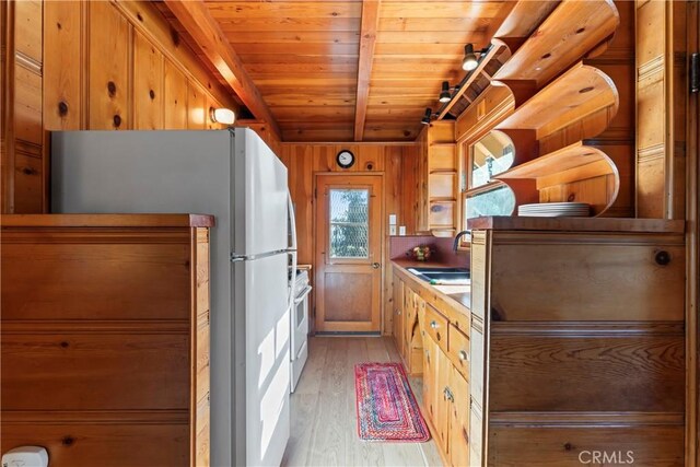 612 Rose Ln, Twin Peaks, CA 92391 - kitchen with wood ceiling, light wood-type flooring, white appliances, a sink, and wood walls