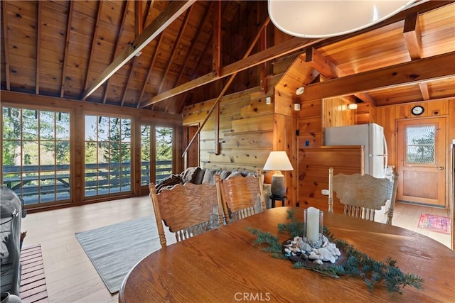 612 Rose Ln, Twin Peaks, CA 92391 - dining room featuring wooden ceiling, wood finished floors, and wood walls