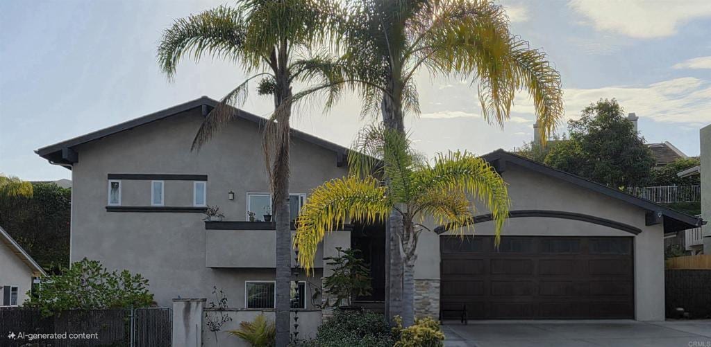 view of front of home featuring a garage, fence, concrete driveway, and stucco siding