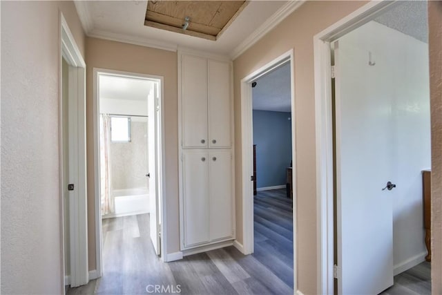 corridor featuring ornamental molding, light wood-style flooring, and baseboards