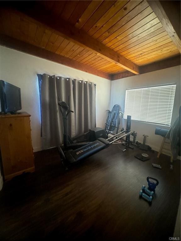 workout room with wooden ceiling and wood finished floors