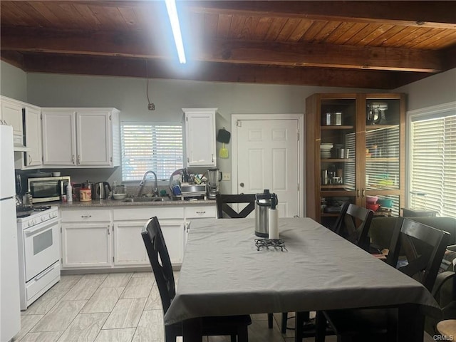 kitchen featuring wooden ceiling, white cabinets, a sink, white appliances, and beamed ceiling