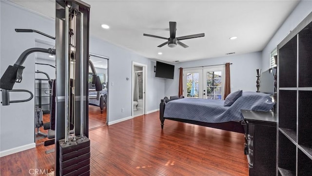 bedroom featuring visible vents, baseboards, wood finished floors, french doors, and recessed lighting