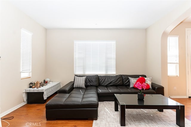 living room with arched walkways, baseboards, light wood-style flooring, and a healthy amount of sunlight