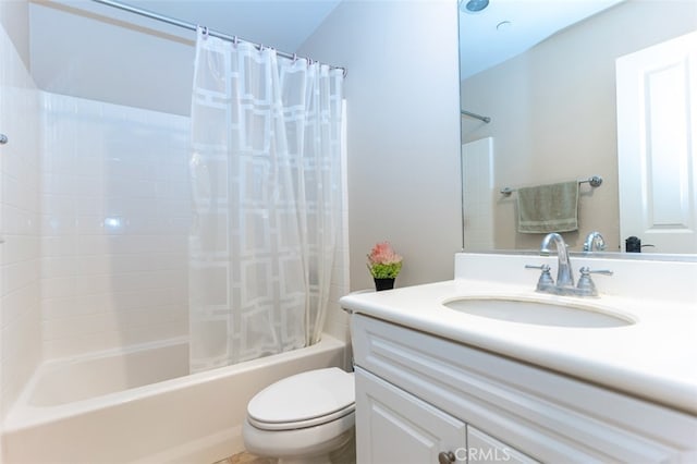 full bathroom with toilet, vanity, and shower / bathtub combination with curtain