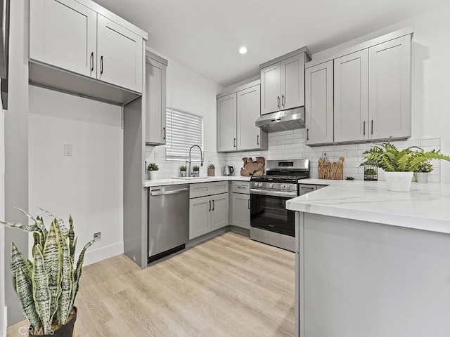 kitchen featuring decorative backsplash, appliances with stainless steel finishes, gray cabinetry, under cabinet range hood, and a sink