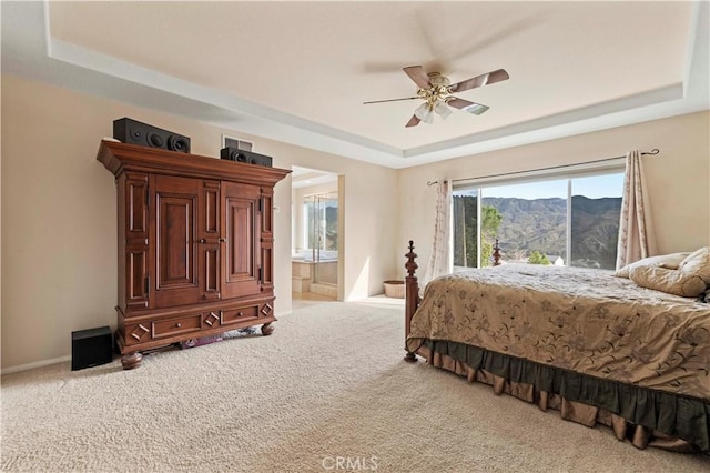 14218 Yellowstone Ln, Canyon Country, CA 91387 - bedroom with a raised ceiling, carpet flooring, access to outside, a mountain view, and a ceiling fan