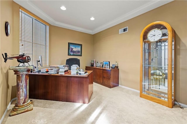 14218 Yellowstone Ln, Canyon Country, CA 91387 - office featuring light carpet, baseboards, crown molding, and recessed lighting