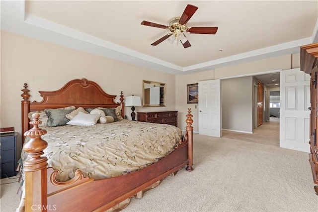 14218 Yellowstone Ln, Canyon Country, CA 91387 - bedroom with a raised ceiling, light colored carpet, and ceiling fan