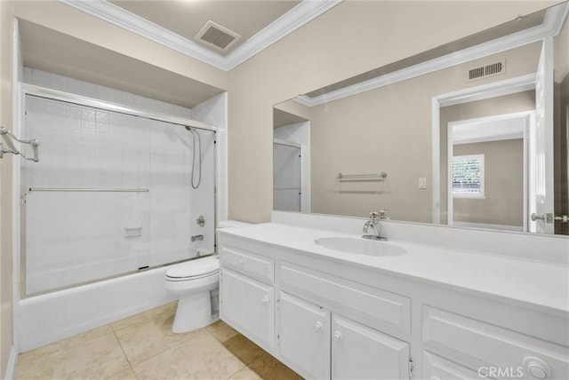 22517 Lazy Meadow Dr, Diamond Bar, CA 91765 - full bathroom featuring crown molding, toilet, vanity, shower / bath combination with glass door, and tile patterned floors