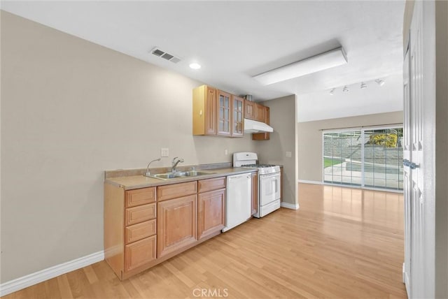 22517 Lazy Meadow Dr, Diamond Bar, CA 91765 - kitchen featuring a sink, white appliances, baseboards, light wood finished floors, and glass insert cabinets